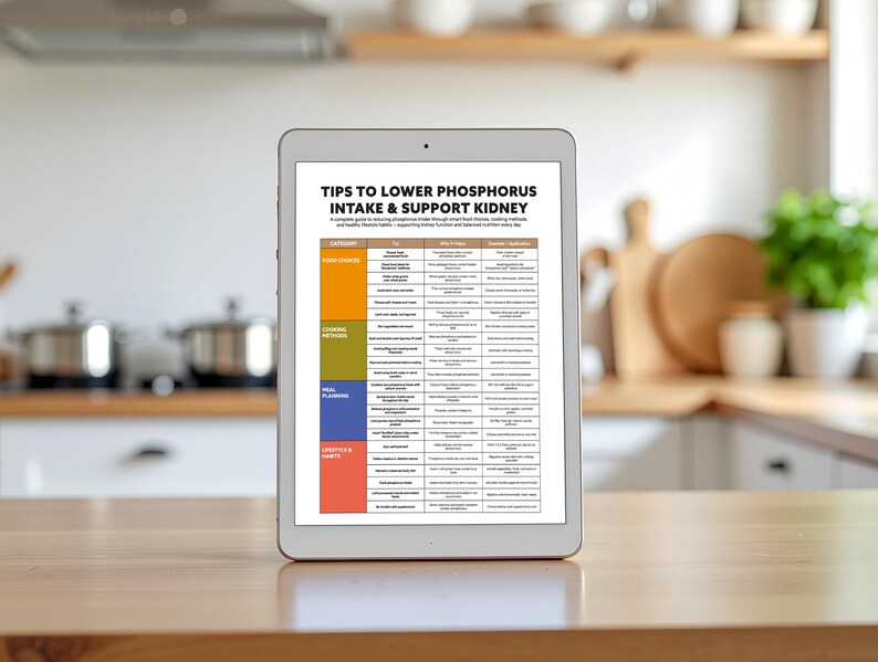May include: A white tablet displays a health guide titled "TIPS TO LOWER PHOSPHORUS INTAKE & SUPPORT KIDNEY." The guide features color-coded sections and detailed information. The tablet rests on a wooden surface in a kitchen setting.