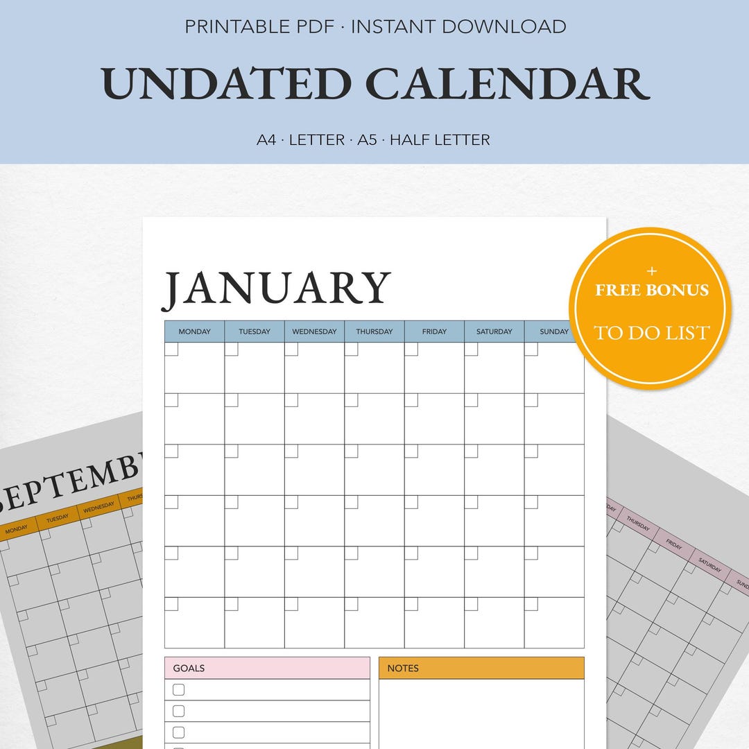 Family Undated Calendar – A4, A5, US Letter, Half Size PDF – Seasonal ...