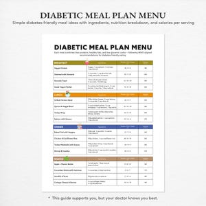 May include: A white document titled "DIABETIC MEAL PLAN MENU" with meal ideas, ingredients, nutrition, and calories. The menu includes breakfast, lunch, dinner, and snack options. Text at the bottom reads, "This guide supports you, but your doctor knows you best."