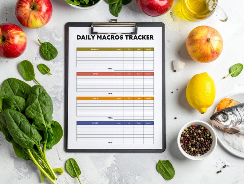 May include: A clipboard with a "DAILY MACROS TRACKER" form, surrounded by fresh produce. Red apples, spinach, a lemon, and a bowl of peppercorns are visible. The form has sections for breakfast, lunch, and dinner, with columns for protein, carbs, fats, and calories.
