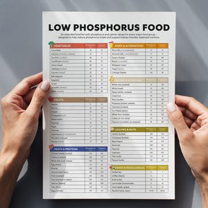 May include: A printed chart titled "LOW PHOSPHORUS FOOD" with a list of foods and their phosphorus and calorie values. The chart is divided into categories like vegetables, fruits, and meats. The chart is held by two hands.