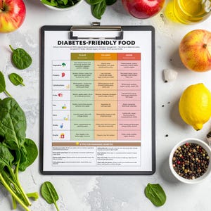 May include: A clipboard with a "DIABETES-FRIENDLY FOOD" chart, surrounded by fresh produce and ingredients. The chart lists foods to eat, limit, and avoid for diabetes management. Apples, spinach, and a lemon are visible.