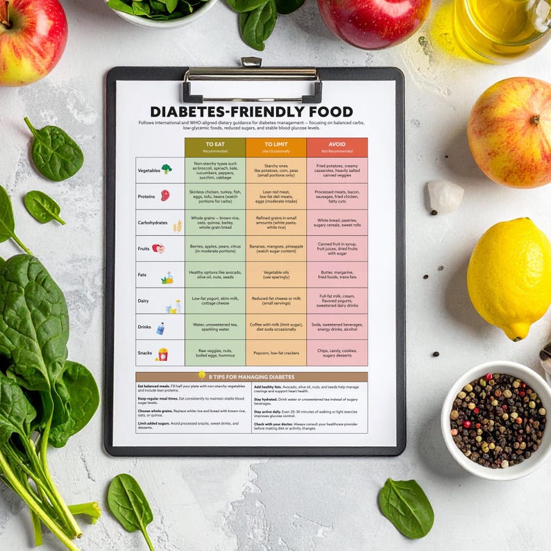 May include: A clipboard with a "DIABETES-FRIENDLY FOOD" chart, surrounded by fresh produce and ingredients. The chart lists foods to eat, limit, and avoid for diabetes management. Apples, spinach, and a lemon are visible.