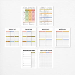 May include: A collection of printed paper sheets, including meal plans and grocery lists. The sheets feature titles like "Diabetes-Friendly Food," "Diabetic Meal Plan Menu," and "Grocery List." The designs incorporate colored sections for organization and are set against a white background.