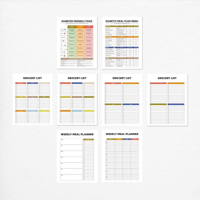 May include: A collection of printed paper sheets, including meal plans and grocery lists. The sheets feature titles like "Diabetes-Friendly Food," "Diabetic Meal Plan Menu," and "Grocery List." The designs incorporate colored sections for organization and are set against a white background.