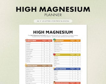 May include: A white planner titled "HIGH MAGNESIUM PLANNER" with a food guide listing foods rich in magnesium. The guide includes sections for nuts & seeds, vegetables, fruits, whole grains, fish & seafood, and chocolate & extras, with magnesium and calorie information.