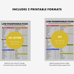 May include: Two printable charts titled "LOW PHOSPHORUS FOOD" with detailed food information. One chart is US Letter size, 8.5 x 11 inches, and the other is A4 size, 8.3 x 11.7 inches. The image includes the text "INCLUDES 2 PRINTABLE FORMATS".