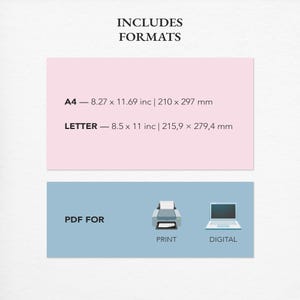 May include: A digital product information graphic with the text "INCLUDES FORMATS". It lists A4 and Letter paper sizes in inches and millimeters. Below, it states "PDF FOR" with icons for print and digital formats.