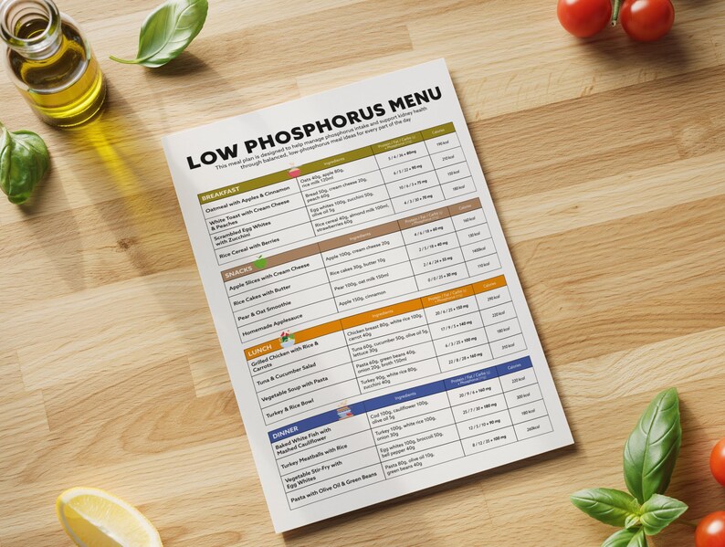 May include: A printed "LOW PHOSPHORUS MENU" on a wooden surface, listing breakfast, snacks, lunch, and dinner options. The menu is surrounded by fresh ingredients like tomatoes, basil, and a lemon wedge, with a bottle of oil.