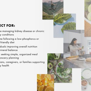 May include: A collage of images featuring healthy food and a person cooking in a kitchen. The text reads "PERFECT FOR:" followed by a list of people who may benefit from the content, including those managing kidney disease and following a renal-friendly diet.