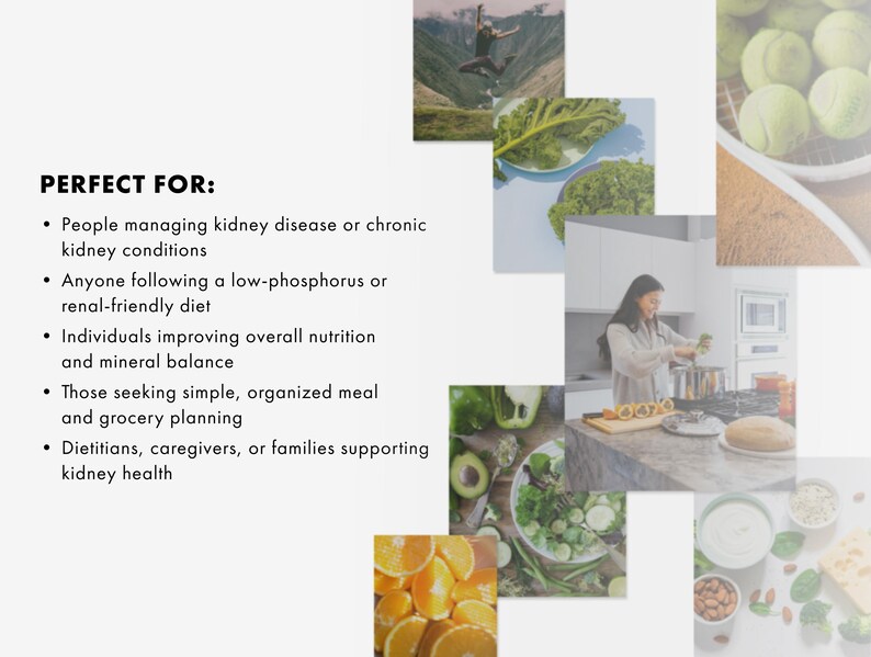 May include: A collage of images featuring healthy food and a person cooking in a kitchen. The text reads "PERFECT FOR:" followed by a list of people who may benefit from the content, including those managing kidney disease and following a renal-friendly diet.
