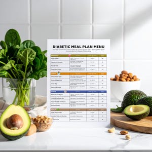 May include: A printed "Diabetic Meal Plan Menu" sits on a white surface, listing breakfast, lunch, dinner, and snack options. Fresh spinach in a glass, a halved avocado, and a bowl of nuts are in the foreground. Avocados and almonds are also visible.