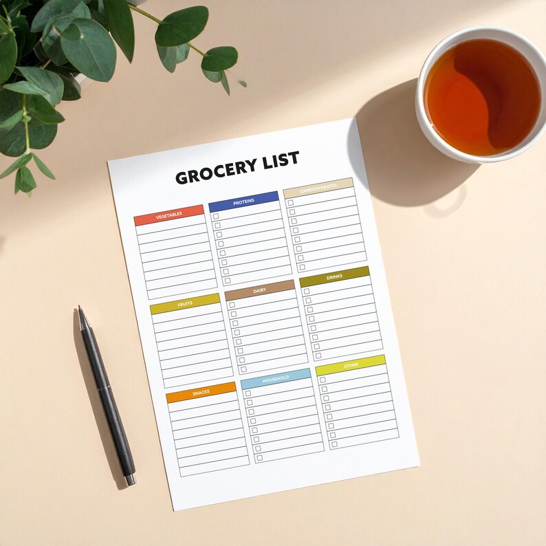 May include: A white grocery list notepad with the title "GROCERY LIST" in black. The notepad is divided into sections for vegetables, proteins, carbohydrates, fruits, dairy, drinks, snacks, and other. A black pen and a cup of tea are also in the image.