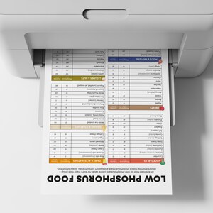 May include: A white printer printing a document titled "LOW PHOSPHORUS FOOD." The document is a food list with categories like vegetables, fruits, and proteins. The document is designed to help reduce phosphorus intake and support kidney-friendly, balanced nutrition.