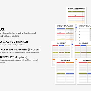 May include: A collection of printable templates for meal planning and wellness tracking. Includes a daily macros tracker, weekly meal planners, and grocery lists. The templates are designed to help organize low-phosphorus meals and kidney-friendly meal planning.