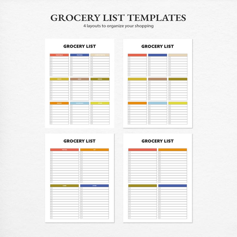May include: Four grocery list templates with colorful headers and lined sections for item entries. The text "GROCERY LIST" is at the top of each template. The text "GROCERY LIST TEMPLATES" and "4 layouts to organize your shopping" are at the top.