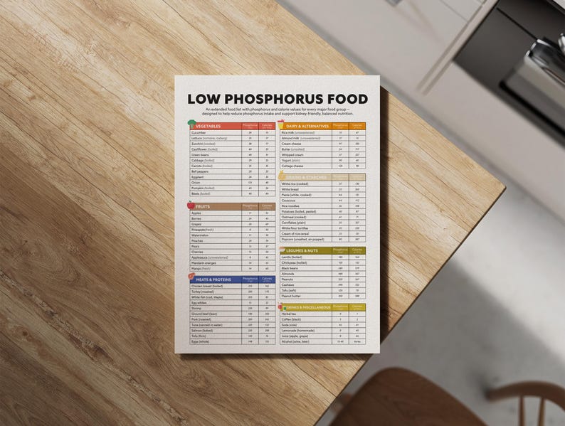 May include: A white printed chart titled "LOW PHOSPHORUS FOOD" on a wooden table. The chart lists food items categorized as vegetables, fruits, dairy & alternatives, grains & alternatives, legumes & nuts, and foods & drinks, with phosphorus and calorie values.