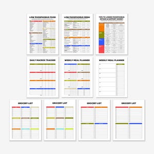 May include: A collection of nine printable sheets with text and tables. The sheets include titles such as "Low Phosphorus Food," "Daily Macros Tracker," and "Grocery List." The sheets have a white background with colorful borders and text.