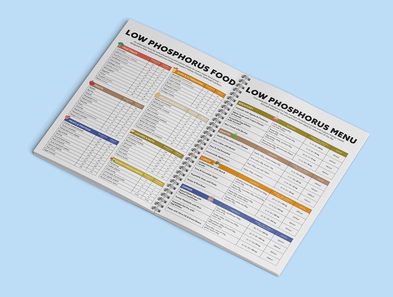 May include: Open spiral-bound notebook with the title "LOW PHOSPHORUS FOODS" and "LOW PHOSPHORUS MENU" on the cover. The pages are filled with lists of foods and their phosphorus content, categorized by food group, with a light blue background.