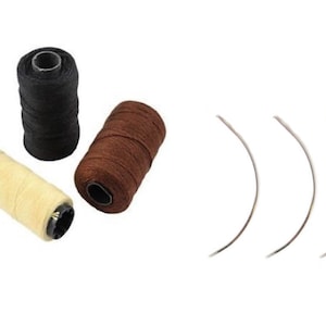 May include: Three spools of thread in black, brown, and beige, and three curved needles.