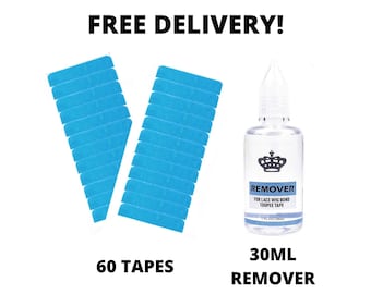 Tape Hair Extensions Remover and Self Adhesive Replacement Sheets Kit Tape Tabs 60 Pack 30ml Removing Solution