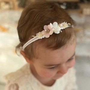 Weiches Baby Haarband zur Taufe rosa & weis - weich, mit Blumen -handgemacht- Spitze, Fotoshooting -neugeborenen Stirnband-Kinder Haarreif