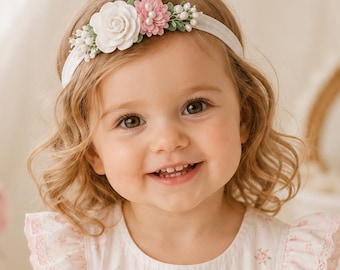 Haarband Baby zur Taufe und Stirnband Mädchen als Blumenkranz haare/Trockenblumen/Gänseblümchen Haarschmuck/Mädchen outfit/newborn shooting