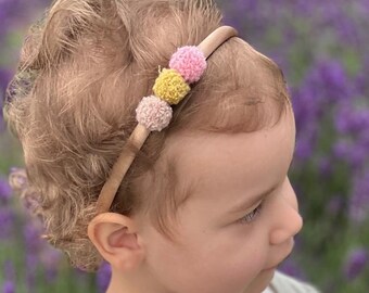Cerchietto per bambine con pompon rosa beige bianco, accessori per capelli per bambini, cerchietto per capelli morbido per bambini, regalo per bambine