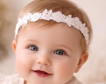Fascia morbida per neonato con margherite in pizzo bianco per battesimo, fascia fatta a mano, accessorio per capelli per bambina, fascia per servizio fotografico