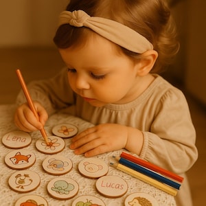 May include: A child is drawing on wooden discs with a pencil. The discs have animal illustrations and names like "Lena" and "Lucas." A set of coloured pencils is also visible. The child is wearing a beige headband and a long-sleeved shirt.