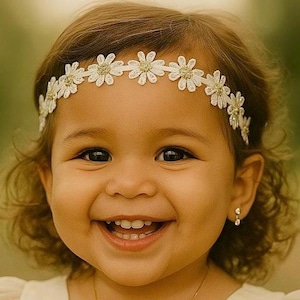 Serre-tête de baptême pour bébé avec dentelle et marguerites/Bandeau fait main pour filles et tout-petits/Nœud pour cheveux/blanc-or-crème/Accessoires pour cheveux