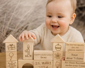 personalisiertes Baby Geschenk 1 Geburtstag  Holzbausteine ausmalen- Holzspielzeug Baby- Babyspielzeug -Bausteine -Montessori-kinderzimmer