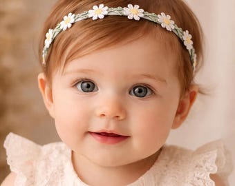 Fascia per capelli con margherite per battesimo - Fascia per capelli da bambina - Fascia fatta a mano per neonata - bianco-giallo-verde - Accessorio per capelli - servizio fotografico per neonati