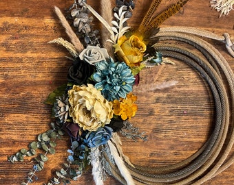 Western lariat,fall wreath,flower wreath,floral wreath,cowboy rope wreath,lasso wreath, Country decor, rustic decor, country decor, wedding