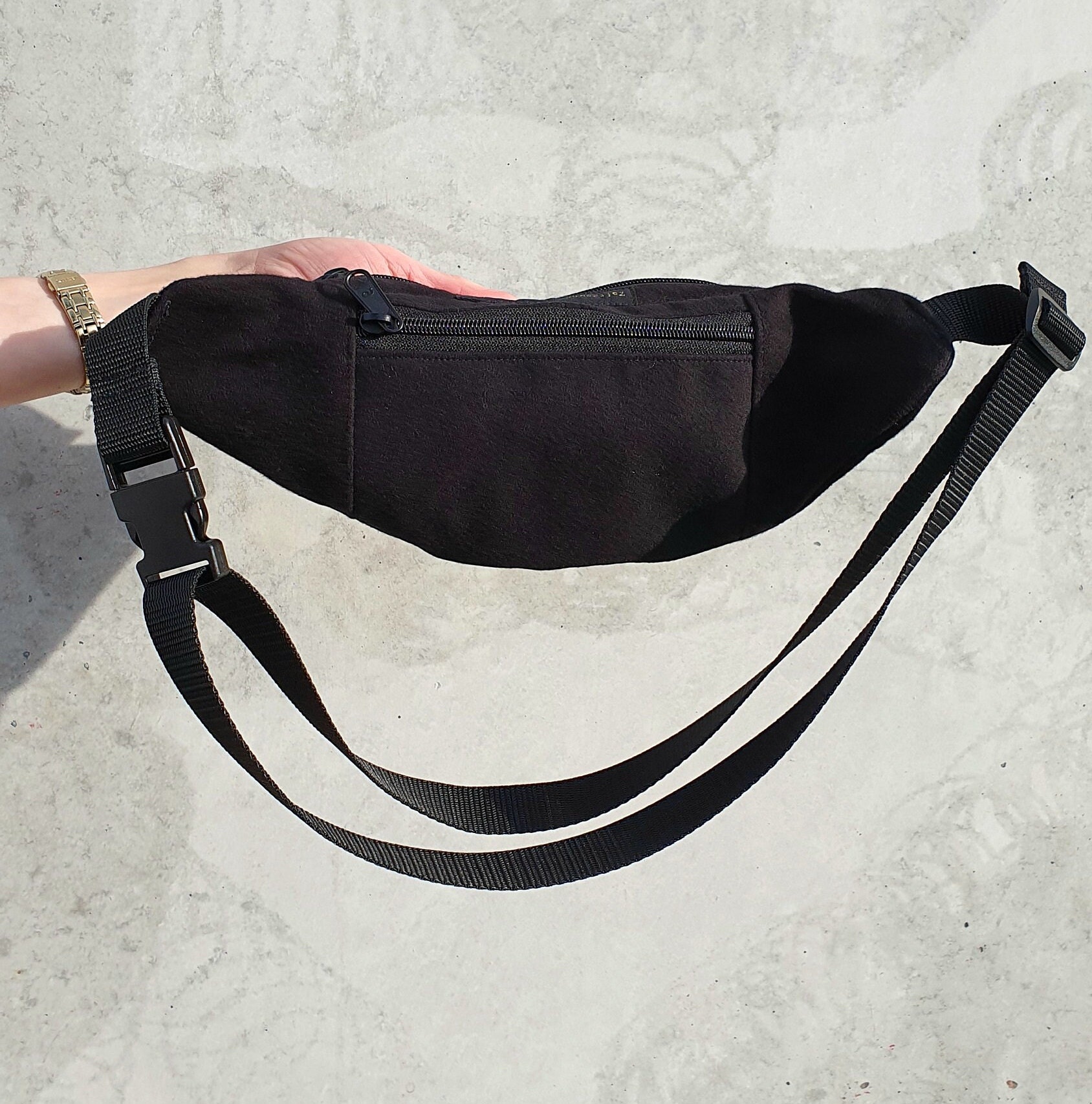 Upcycling Bum Bag Black Moleskin, Velvet and Leather Bumbag, Beltbag, Crossbody Bag, Extra Long