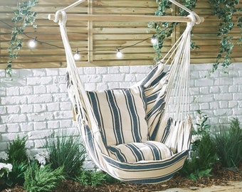 Striped Hanging Chair/ Indoor Outdoor / Blue & Cream Wooden Frame Woven Cotton/ Hammock swing / Patio Furniture/Home Garden Swing/Relaxation