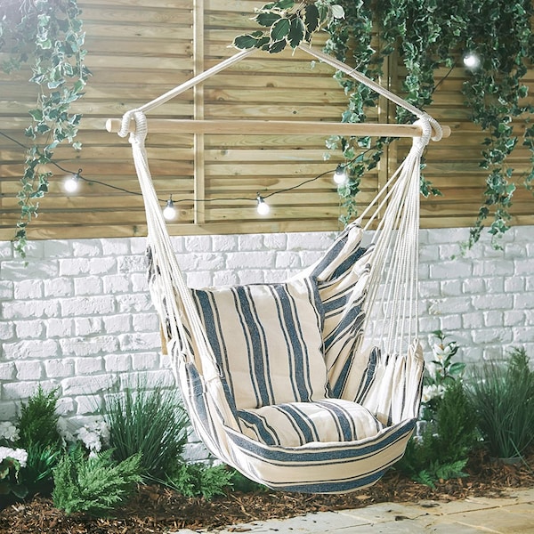 Striped Hanging Chair/ Indoor Outdoor / Blue & Cream Wooden Frame Woven Cotton/ Hammock swing / Patio Furniture/Home Garden Swing/Relaxation