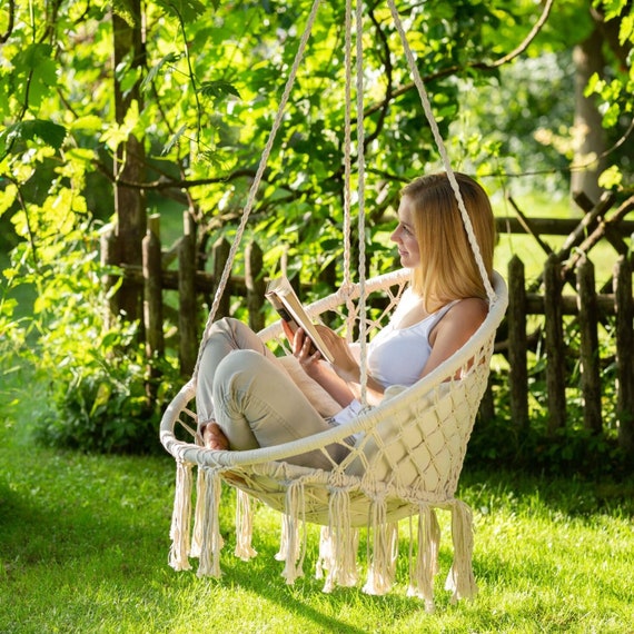 Cotton Hanging Swing Chair – Indoor & Outdoor Hammock Seat with Tassels – Cozy Patio, Balcony, Bedroom Decor