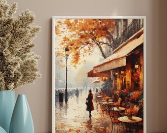Paris Street Cottagecore Printable Autumn Wall Art Vintage Cafe Old Oil Painting Warm Toned Fall Digital Downloadable Decor Thanksgiving