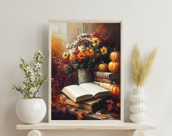 Pumpkin Books Printable Art Autumnal Wall Art Rustic Fall Art Vintage Print Halloween Thanksgiving Print Fall Decor Rustic Pumpkin Art