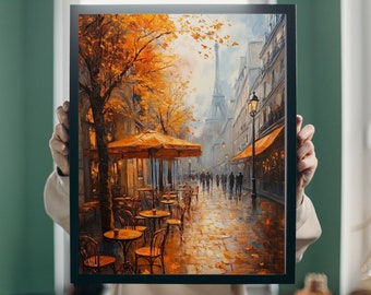 Paris Cafe Autumn Oil Painting: Vintage French Wall Art (Digital Download)