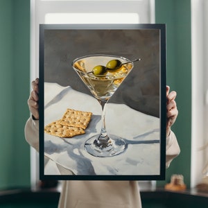 Martini and Cheese Crackers Print | Cute Quirky Whimsical | Cocktail Art Bar Cart Decor | Elegant Oil Painting Gift | Trendy Kitchen Wall