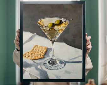 Martini and Cheese Crackers Print | Cute Quirky Whimsical | Cocktail Art Bar Cart Decor | Elegant Oil Painting Gift | Trendy Kitchen Wall