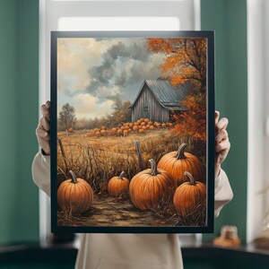 Puede incluir: Una pintura de una granja rústica con un campo de calabazas delante. Las calabazas son de varios tonos de naranja y están dispersas por el campo. La granja es una simple estructura de madera con un exterior gris desgastado. El cielo es de un azul suave con nubes blancas esponjosas.