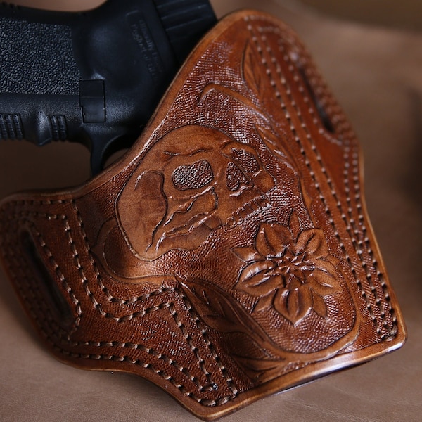 Skull and Flower Model for Glock 19 Custom Leather Holster OWB Right Hand Side Double Stitched