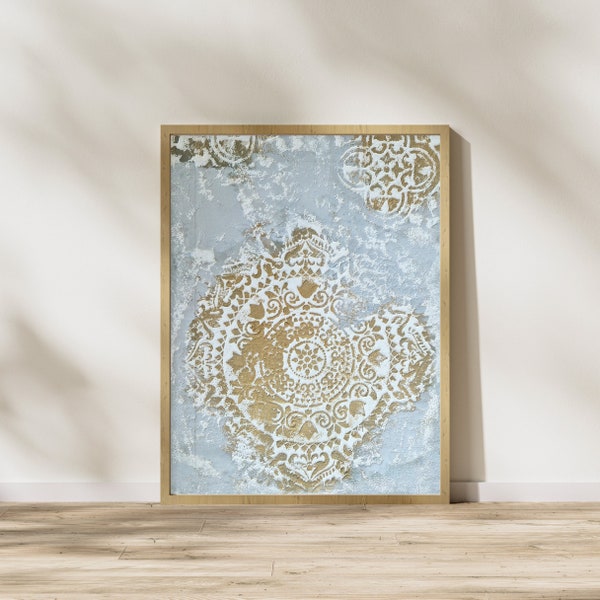 Poster of embossed, Golden Mandala and Antique Plaster, Boho Chic Wall Art, Mandala Home Abstract Decor, Instant PDF Download