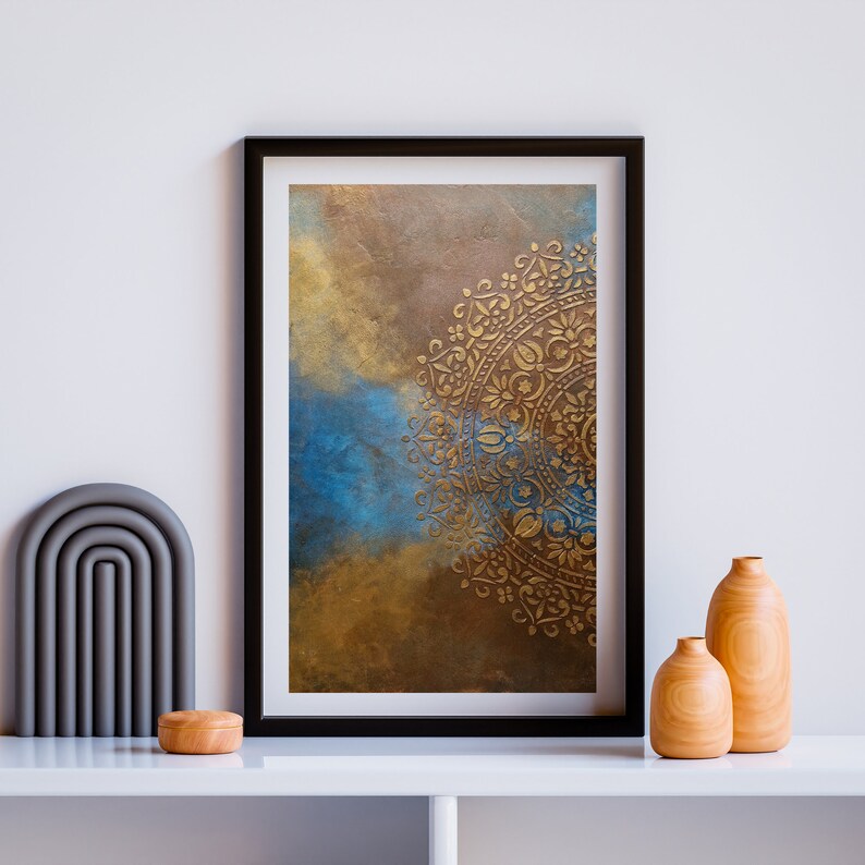Mandala Wall Art Poster, Blue Background, Rust, Copper, Boho Chic Wall ...
