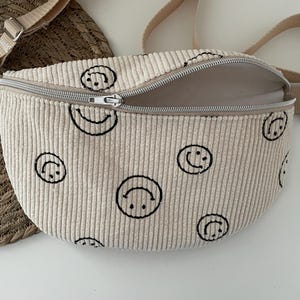 Round bum bag hip bag cross bag belt bag cord beige smiley silver cream
