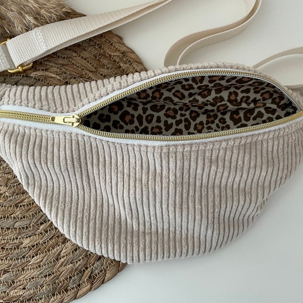 Gr M Bauchtasche Hipbag Crossbag Gürteltasche Cord Beige Leopard Gold