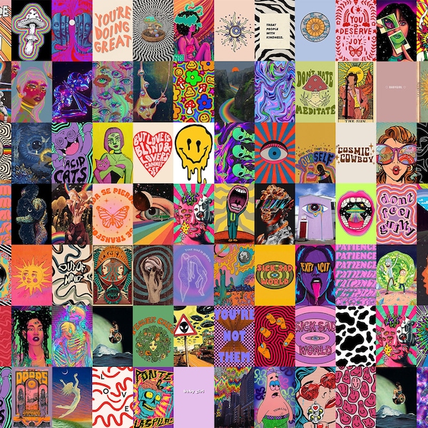 Hippie Digital Collage Kit - Hippie Wall Collage - Indie Room Decor - Indie Digital Wall Collage - Hippie Room Decor - Hippie Prints 80 PCS